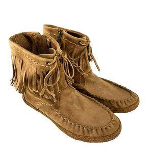 UGG Womens Shoes Boots Kaysa Fringe Moccasin Brown Leather Moc Toe Zip Up